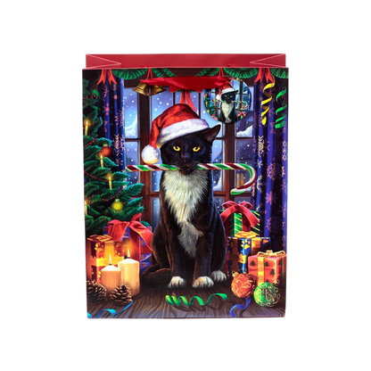 Grand sac cadeau de Noël à motif chat avec étiquette