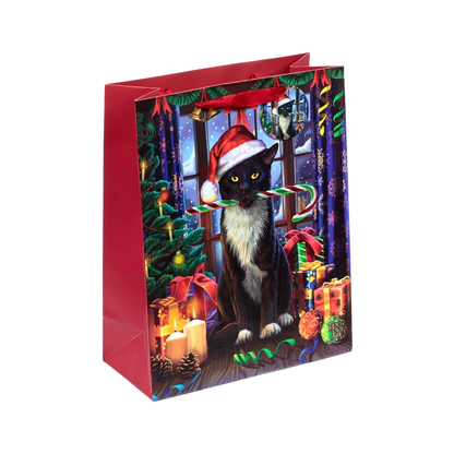 Grand sac cadeau de Noël à motif chat avec étiquette