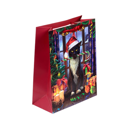 Grand sac cadeau de Noël à motif chat avec étiquette