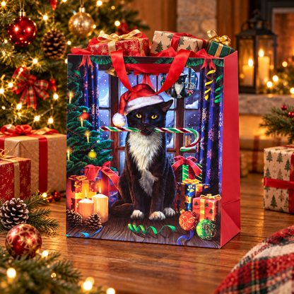 Grand sac cadeau de Noël à motif chat avec étiquette